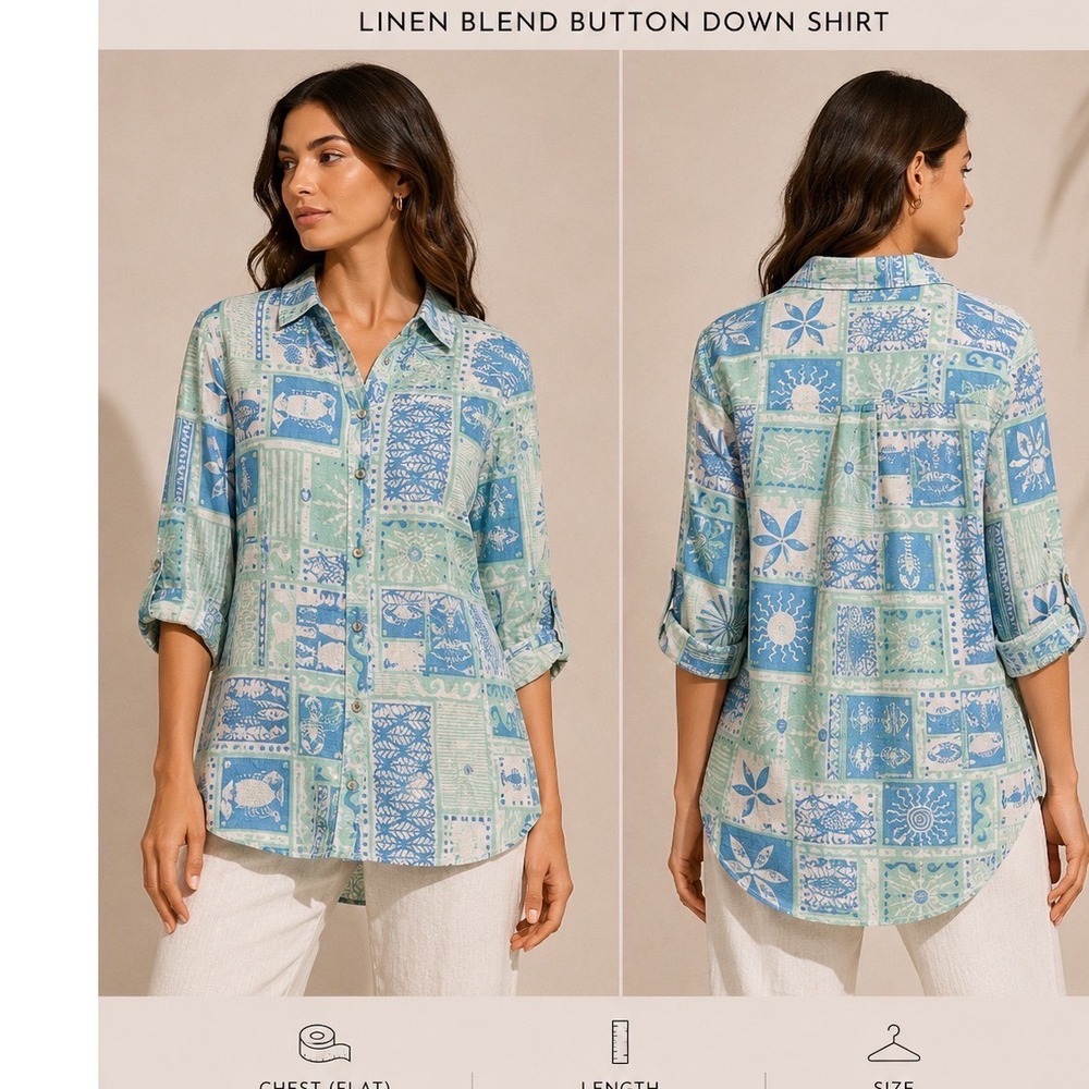 C&C California Linen Blend Button Down Shirt Medium Blue Coastal Print NWT‎